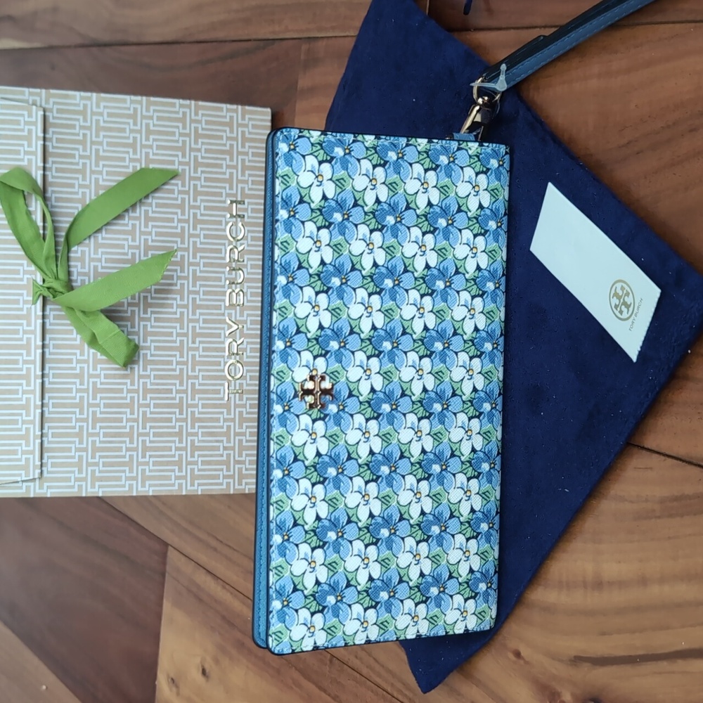 Tory Burch Leather Emerson Floral Print Wristlet / Wallet + Dust + Gift Bag Nwt
